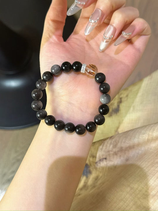 Silver Obsidian × Black Rutilated Quartz Bracelet