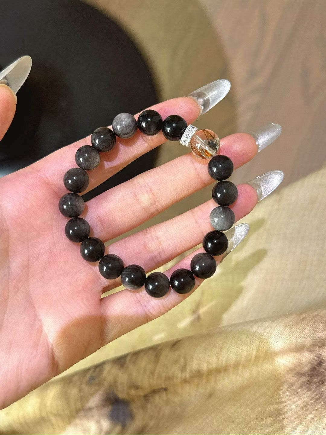 Silver Obsidian × Black Rutilated Quartz Bracelet