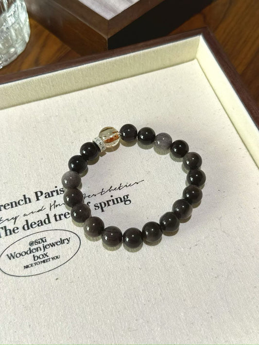 Silver Obsidian × Black Rutilated Quartz Bracelet